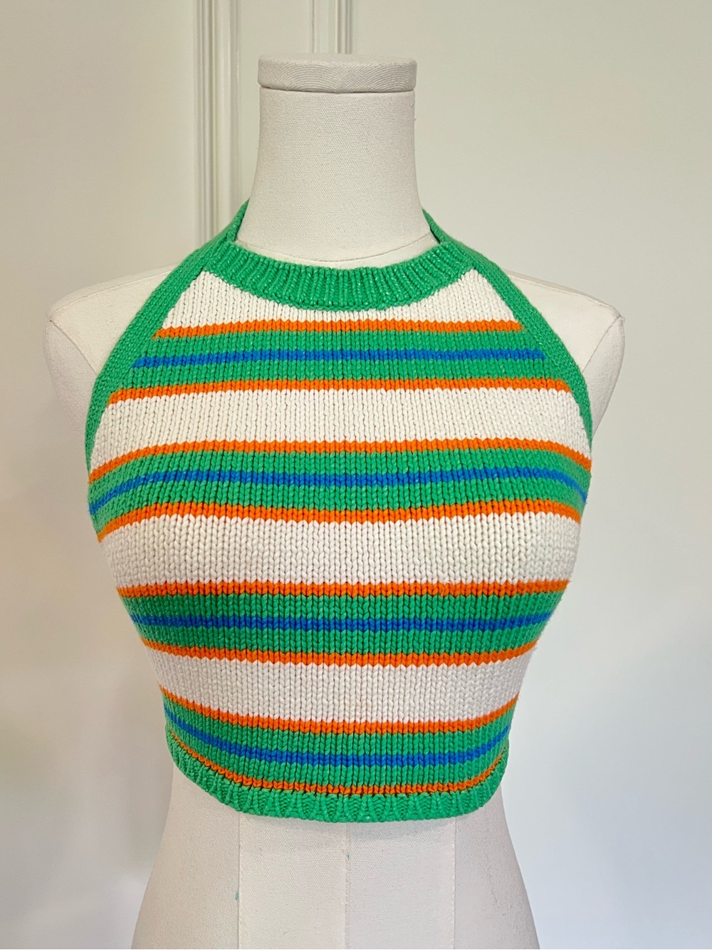 Zara Green Striped Knit Halter Crop Top open back cotton size M